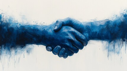 Two hands are shaking, painted in blue hues, symbolizing partnership and trust on a minimalist white backdrop.