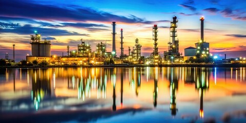 Naklejka premium Oil refinery at twilight with lights reflecting on the water , industrial, petroleum, sunset