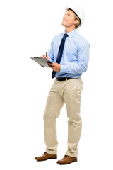 Businessman, contractor and writing with clipboard in studio, maintenance or production on a white background. Happy man or engineer taking notes with smile or helmet for inventory or stock control