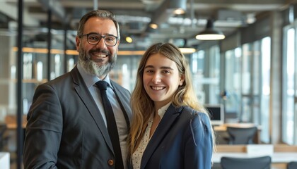 Portrait of a business man and woman smiling in modern office, standing together.