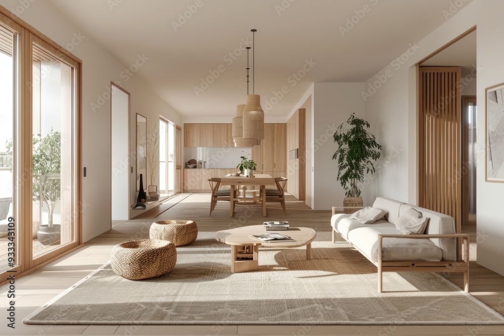 Poster a warm and inviting living room with comfortable furniture and a large window, perfect for everyday 