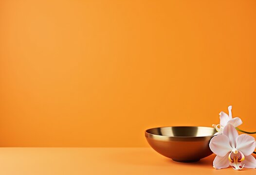 Mindful Meditation: Bronze Bowl, White Orchids, Orange Background - Powered by Adobe