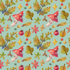 Autumn watercolor seamless pattern with cartoon fly agaric, fern, forest leaves and berries. Hand-drawn illustration for packing paper, cover and textiles.