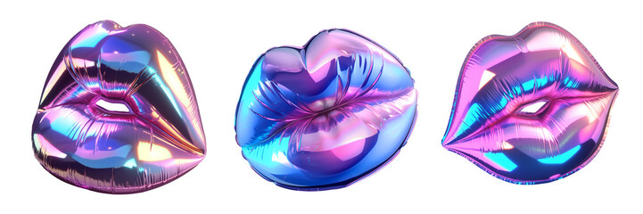 Inflatable holographic chrome metal lips isolated. 80s 90s Iridescent neon beauty, cosmetics, makeup icons.