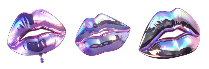Holographic chrome metal lips isolated. 80s 90s Iridescent neon beauty, cosmetics, makeup icons.