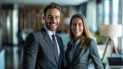 Portrait of a business man and woman smiling in sleek office, standing side by side.