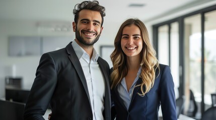 Portrait of a business man and woman smiling in sleek office, standing side by side.