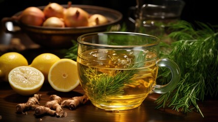 Homemade vegetable or meat broth in a glass mug, on a light background, with baked onions and herbs.  