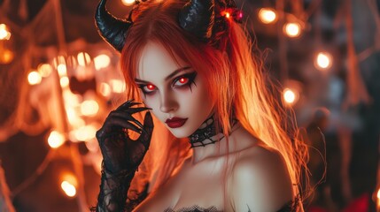 Fiery Woman in Devil Costume with Glowing Red Eyes

