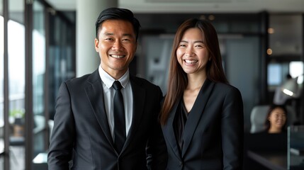 Portrait of a business man and woman smiling in sleek office, standing side by side.