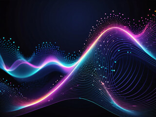 Obraz premium Dynamic particles sound wave flowing over dark. Blurred lights vector abstract background. Beautiful wave shaped array of glowing dots.