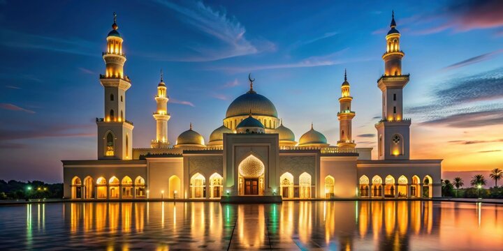 Mosque illuminated at night during Ramadan , mosque, night, Ramadan, prayer, worship, lights, architecture