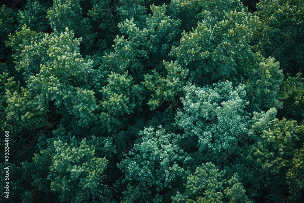 Poster an aerial view of a dense and lush green forest, great for use in environmental or nature-themed pro