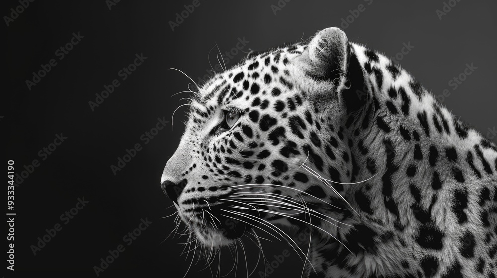Poster A close-up image of a leopard's face with a striking black and white color scheme