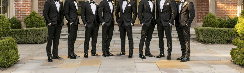 A stylish group of groomsmen in black tuxedos poses together outdoors, showcasing their formal attire and camaraderie at a wedding event