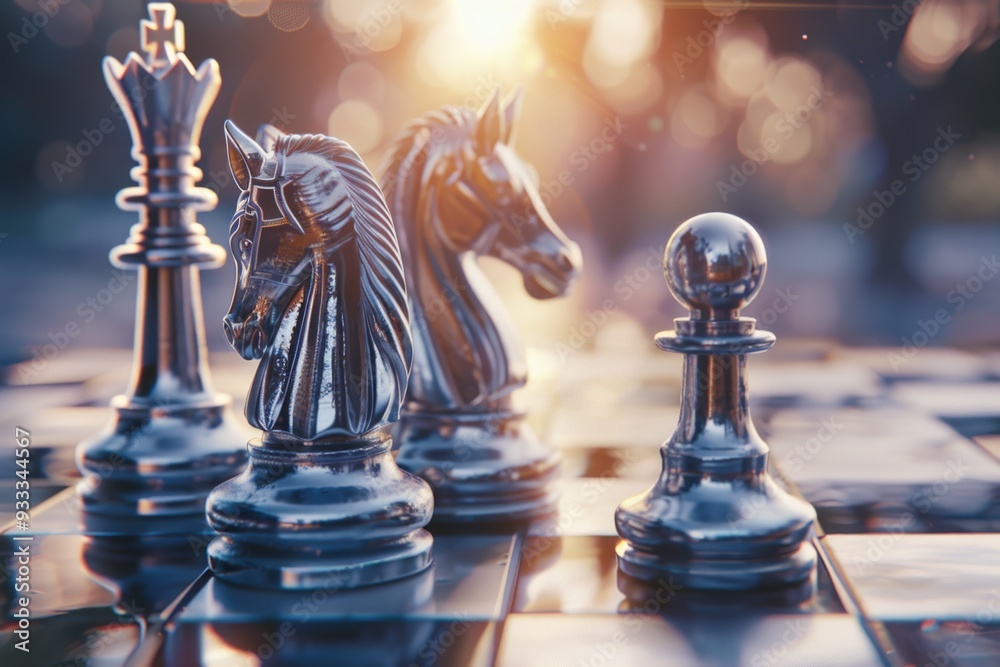 Poster A detailed view of a chess game in progress, focusing on the chess pieces and board