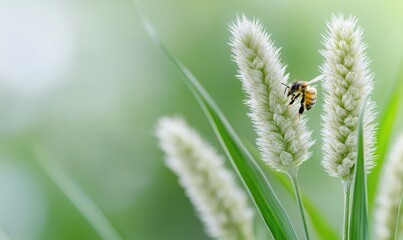 Obraz premium A close-up of a bee pollinating a soft white flower in a lush garden, capturing the beauty of nature in delicate detail.