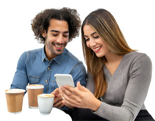 Friends watching media in a smart phone in a coffee shop on a white isolated background. Generative AI.