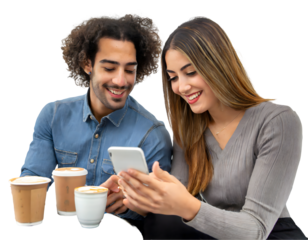 Friends watching media in a smart phone in a coffee shop on a white isolated background. Generative AI.