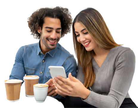 Friends watching media in a smart phone in a coffee shop on a white isolated background. Generative AI. - Powered by Adobe