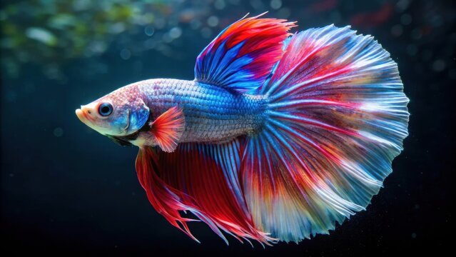 Multi color Siamese fighting fish with a beautiful Rosetail and halfmoon tail swimming gracefully in a tank , betta fish