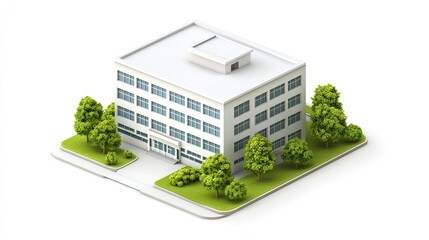 Isometric view of a white building with a flat roof and a grassy area around it.