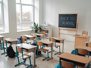 School desks, backpacks and blackboard in light classroom with the text “Back to School”