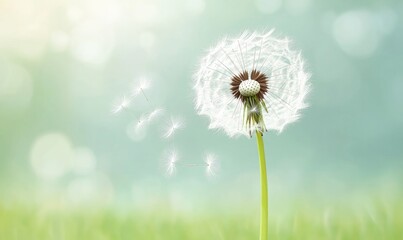 Naklejka premium A delicate dandelion puff gently releasing its seeds into a soft breeze, surrounded by a serene green backdrop.