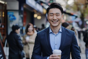 Portrait of a handsome Asian businessman with coffee cup, walking on street, people in background, smiling.