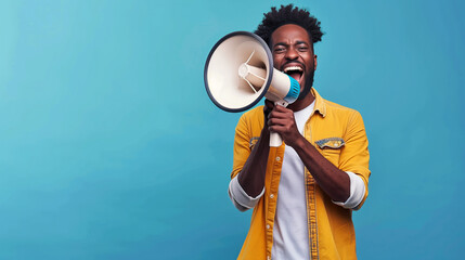 Emotional young black guy making announcement with megaphone in hands, cheerful african american man using loudspeaker to share news on blue background with copy space.