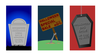 Halloween Sale Poster Set. Halloween Sale with Debossed Text on Tombstone, Zombie Hand with Wooden Sign and Coffin with Embossed Text