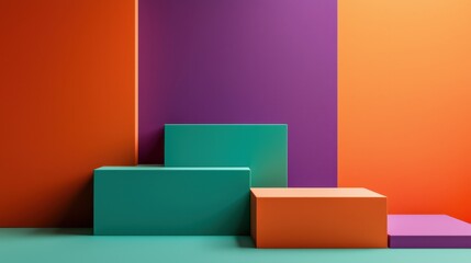Vibrant Color Block Display, A modern artistic presentation featuring a podium adorned with bold, flat color blocks in contrasting shades of orange, teal, and purple.