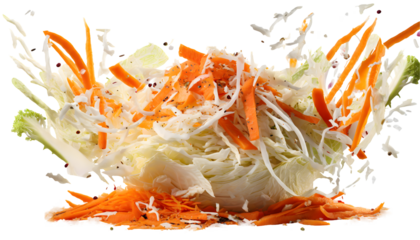 Freshly shredded white cabbage and grated carrot coleslaw topped Splash on a white isolated. Generative AI.