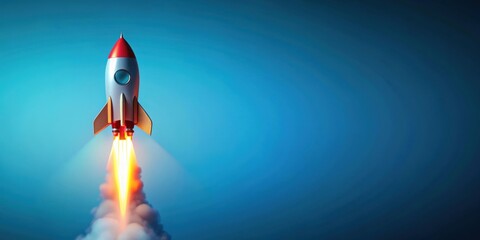 Vibrant rocket taking off on blue background, rocket, space, exploration, launch, adventure, vibrant, colorful, sky