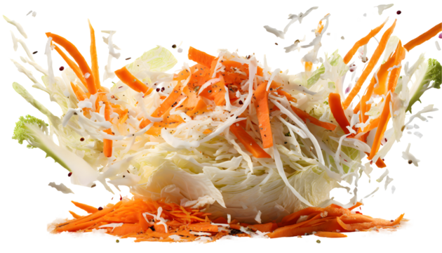 Freshly shredded white cabbage and grated carrot coleslaw topped Splash on a white isolated. Generative AI.