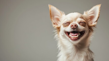 Chihuahua Smiles After Dental Care, vibrant little dog with bright teeth, feeling rejuvenated in a gentle breeze, set against a soft grey backdrop with ample copy space