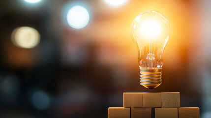 A light bulb shining brightly on wooden blocks, with a checkmark above, representing the emergence of a creative and successful concept