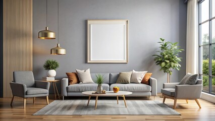 Fototapeta premium Modern living room with a mockup poster frame on the wall , interior design, contemporary, home decor, living space