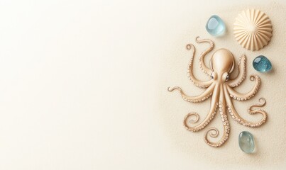 A serene composition featuring a decorative octopus, seashell, and gemstones on a soft background, perfect for aquatic themes.