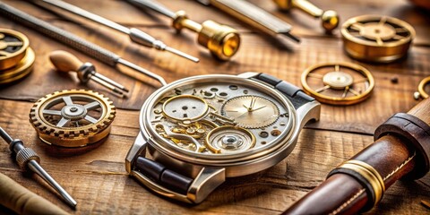 Fototapeta premium Close up of a watchmaker's workshop with special tools for watch adjustment , watch repair, watchmaking