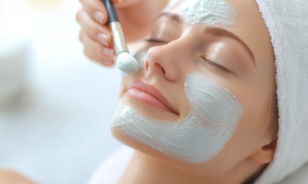 A serene woman enjoys a facial treatment at a spa, promoting relaxation and skincare with gentle application of a soothing mask.