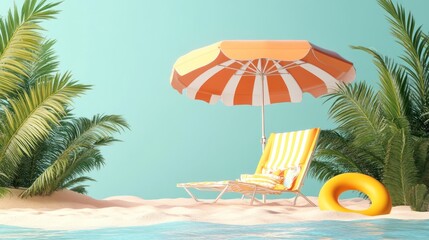 Obraz premium A pink and white striped umbrella is set up over a chair in a pool
