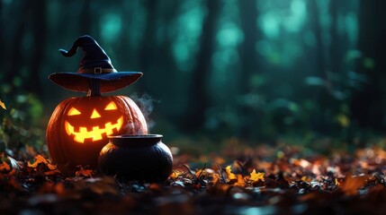 Bewitching Halloween Scene with Cartoon Witch Stirring Cauldron in Spooky Forest, Selective Focus, Copy Space for Text, Ultra HD Quality