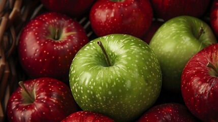 A single green apple sits amongst a group of red apples.