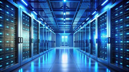 Abstract technology background with a server room illuminated by blue lights, server room, technology, abstract