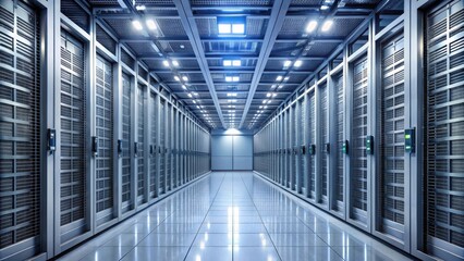 Obraz premium Long, narrow room with tall, metal server racks , Data center, technology, network, hardware, storage, computers