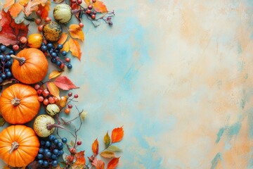 Autumnal Still Life with Pumpkins, Grapes, and Fall Leaves
