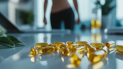 Slimming capsules displayed on a spotless surface, highlighting their significance in health, diet, and weight management efforts