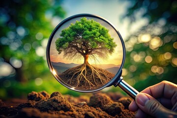 A magnifying glass hovers above a tree's intricate roots, symbolizing the revelation of underlying issues and the pursuit of understanding the core source of problems.