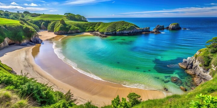 Sandy Borizo beach in Celorio, Llanes, featuring clear blue waters and lush greenery, Borizo, beach, Celorio, Llanes, Asturias